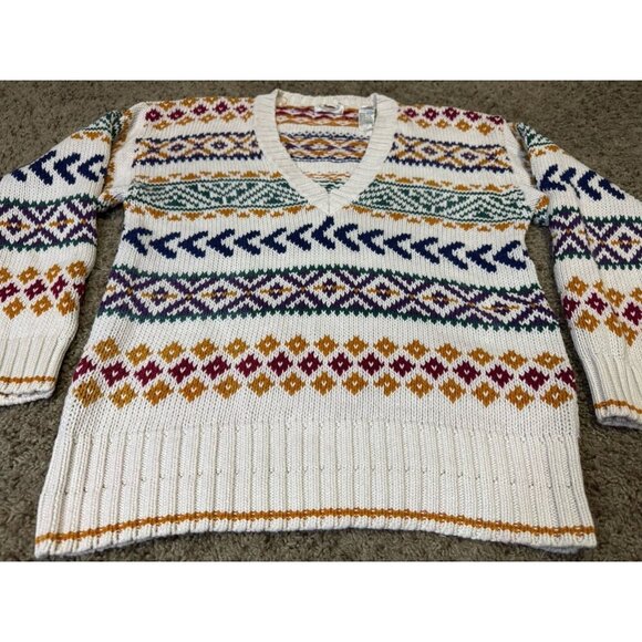 Women Knit Thick Sweater Deep Vneck Fairisle Nordic Icelandic Scandi Cabin M - Picture 5 of 11